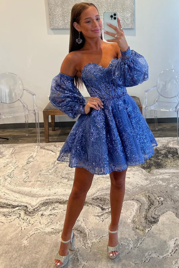 A-Line Off Shoulder Long Lantern Sleeves Fully Sequins Homecoming Dress