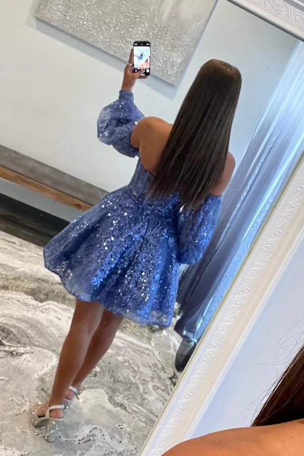 A-Line Off Shoulder Long Lantern Sleeves Fully Sequins Homecoming Dress