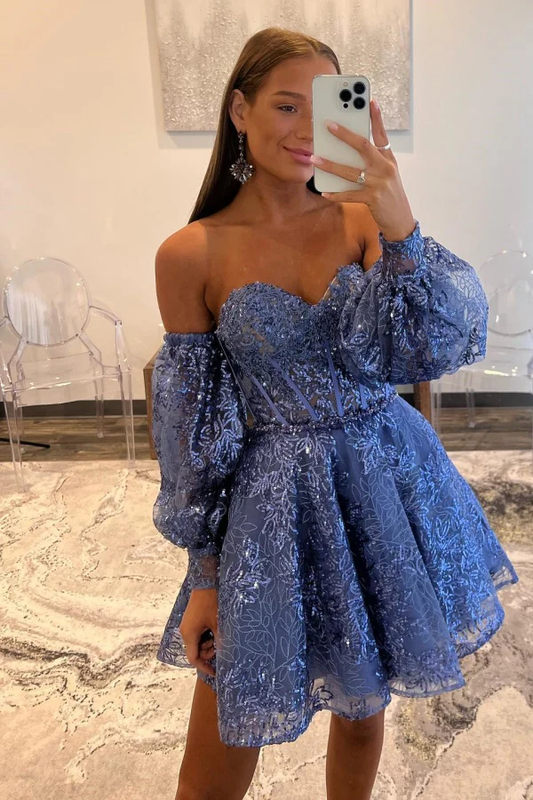 A-Line Off Shoulder Long Lantern Sleeves Fully Sequins Homecoming Dress