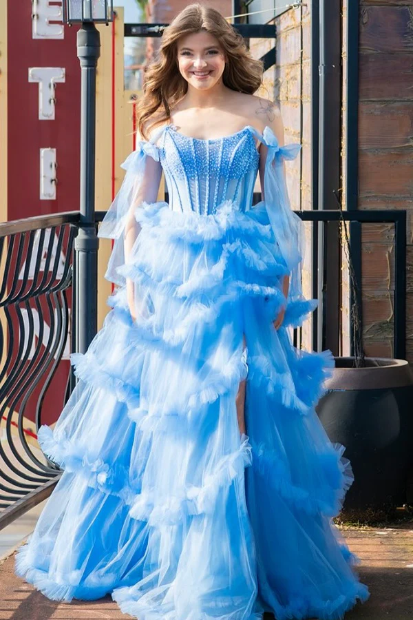 A-Line Off Shoulder Sleeveless Pleated Beaded Tulle Tiered High Side Slit and Train Evening Gown Formal Dress Prom Dress Birthday Party Dress