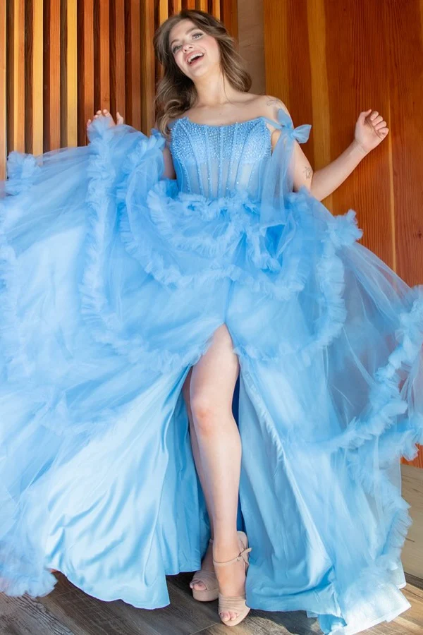 A-Line Off Shoulder Sleeveless Pleated Beaded Tulle Tiered High Side Slit and Train Evening Gown Formal Dress Prom Dress Birthday Party Dress