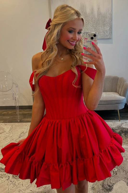 A-Line Off Shoulder Sleeveless Pleated Homecoming Dress