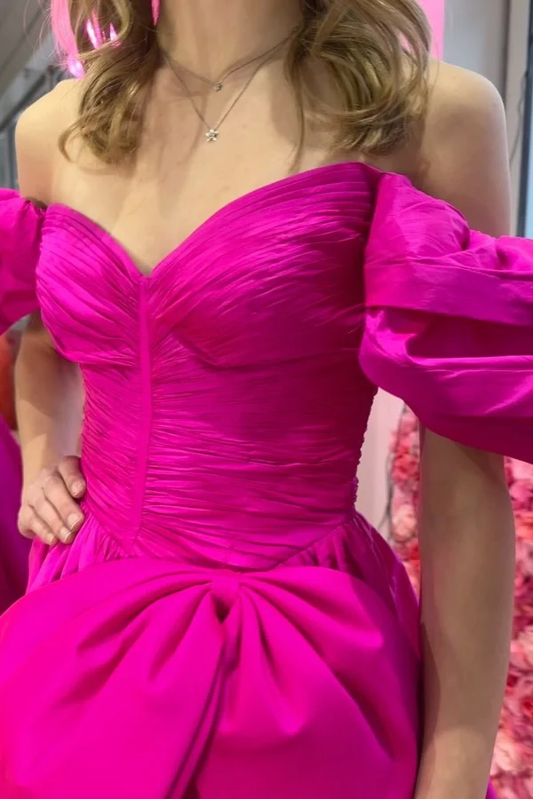 A-Line Off Shoulder Sleeveless Ruffles Pleated Ruched High Side Slit and Train Fuchsia Satin Prom Party Dress Evening Formal Gown Cocktail Dress
