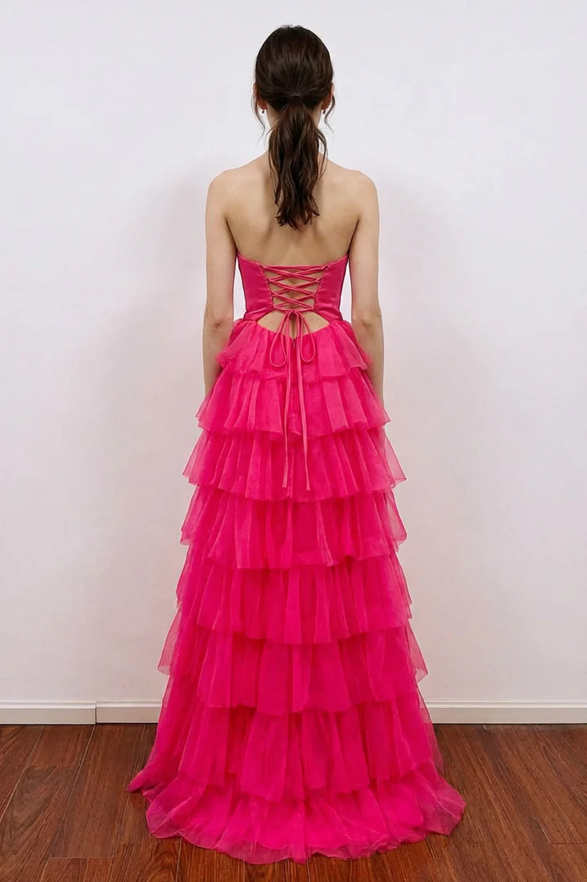 A-Line Pleated Keyhole Ruffle Hot Pink Prom Dress with Split