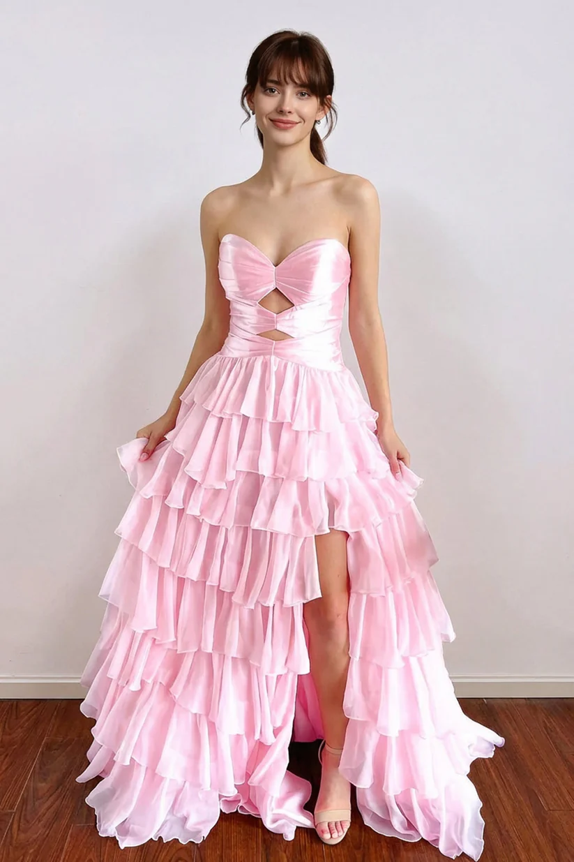 A-Line Pleated Keyhole Ruffle Hot Pink Prom Dress with Split