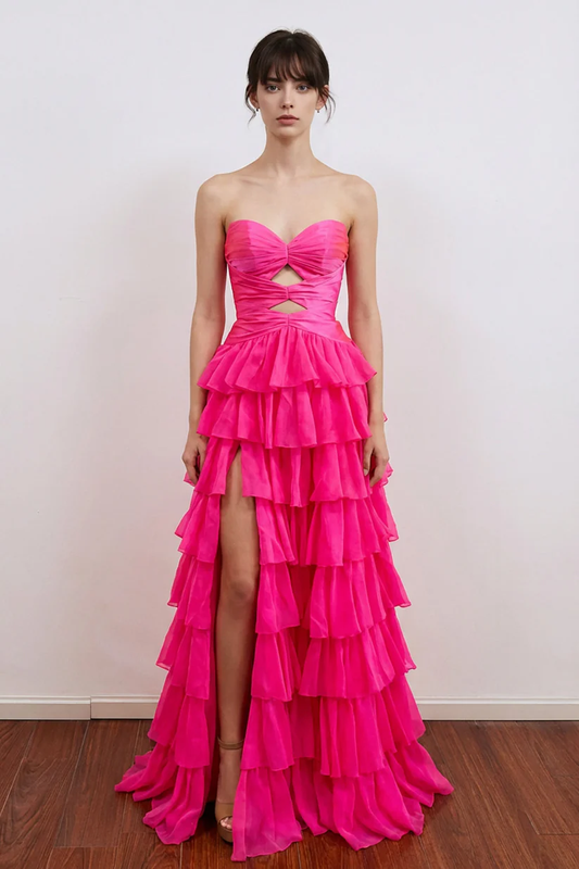 A-Line Pleated Keyhole Ruffle Hot Pink Prom Dress with Split
