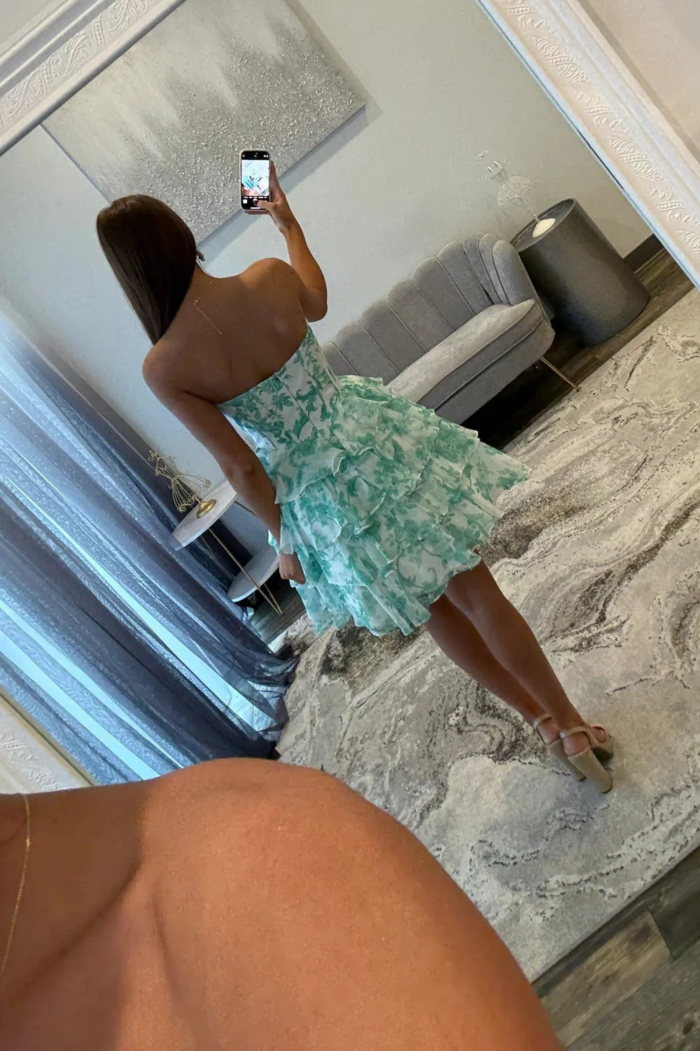 A-Line Sequin Sweetheart Mint Green Floral Ruffle Tiered Corset Short Homecoming Dresses