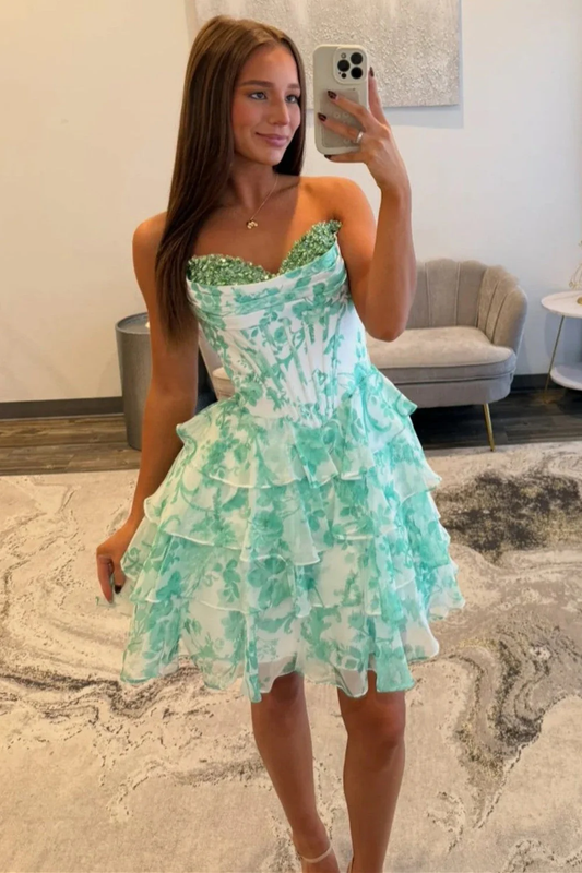 A-Line Sequin Sweetheart Mint Green Floral Ruffle Tiered Corset Short Homecoming Dresses