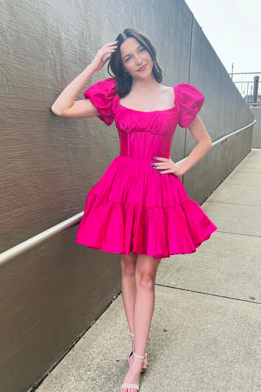 A-Line Square Neck Hot Pink Satin Short Homecoming Dresses