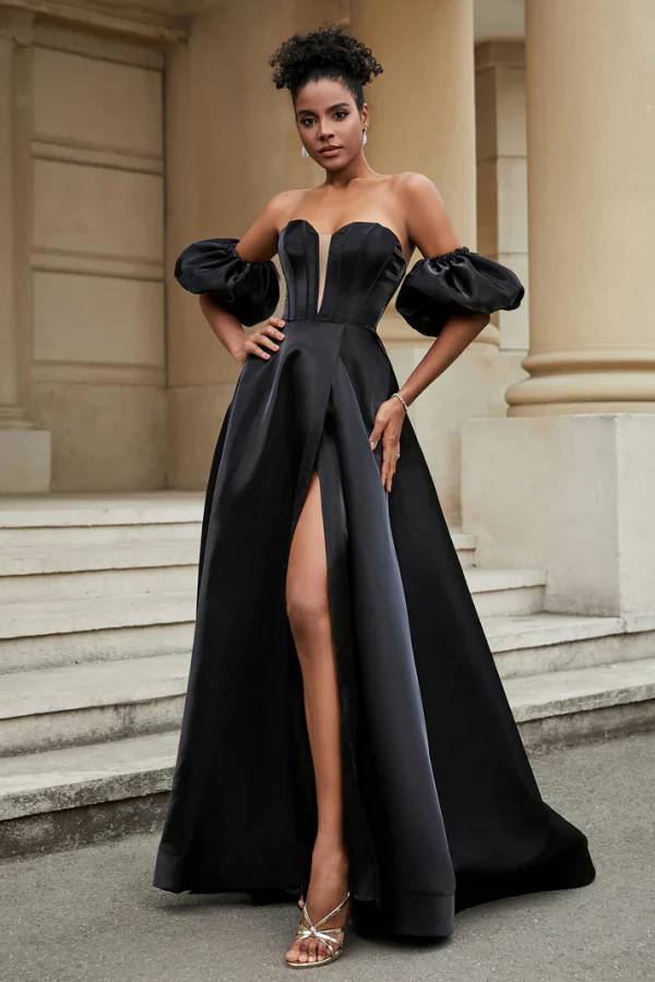 A-Line Strapless Half Lantern Sleeves High Side Slit Prom Dress