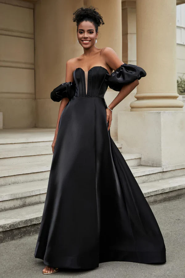 A-Line Strapless Half Lantern Sleeves High Side Slit Prom Dress