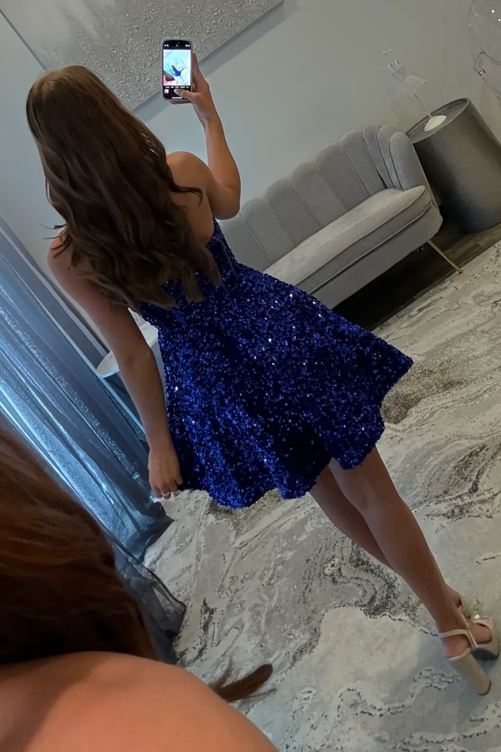 A-Line Strapless Velvet Sequins Homecoming Dress
