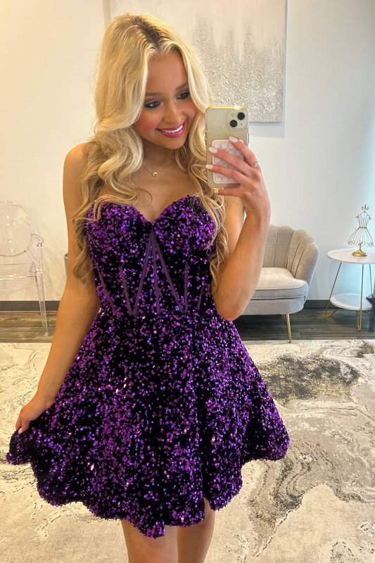 A-Line Strapless Velvet Sequins Homecoming Dress