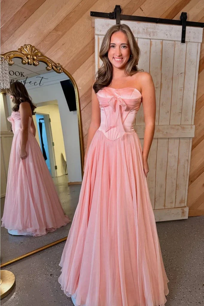 A-Line Sweetheart Corest Chiffon Pink Prom Dress with Bow