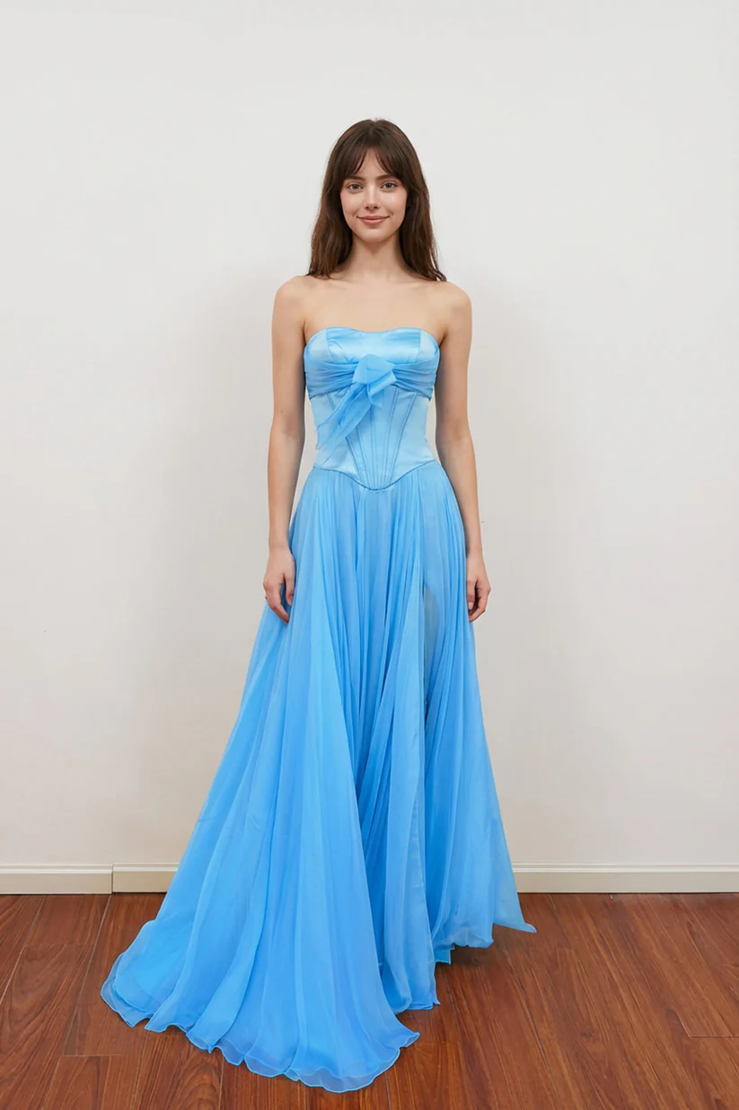 A-Line Sweetheart Corest Chiffon Pink Prom Dress with Bow
