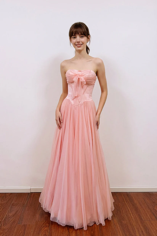 A-Line Sweetheart Corest Chiffon Pink Prom Dress with Bow