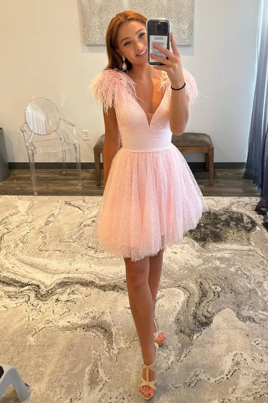 A-Line V Neck Straps Feather Tulle Homecoming Dress