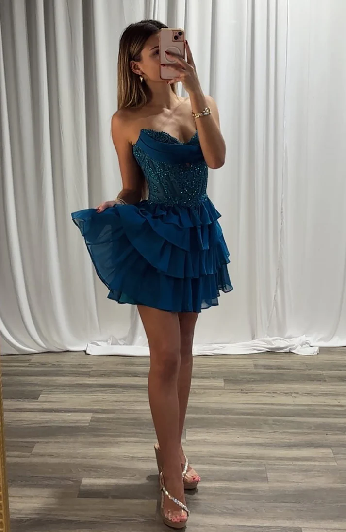 A Line Chiffon Ruffles Corset Lace Beaded Homecoming Dresses for Juniors