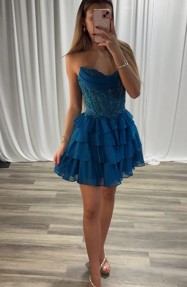 A Line Chiffon Ruffles Corset Lace Beaded Homecoming Dresses for Juniors