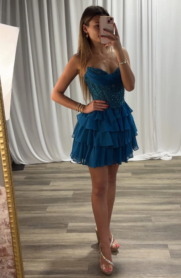 A Line Chiffon Ruffles Corset Lace Beaded Homecoming Dresses for Juniors