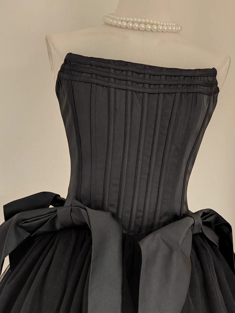 A line Strapless Black Travel Vacation Dresses Short Satin Birthday Dress