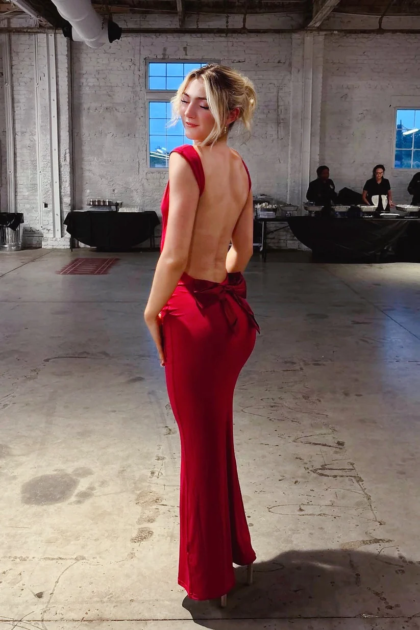 Backless Red Bow Cowl Neck Long Dress