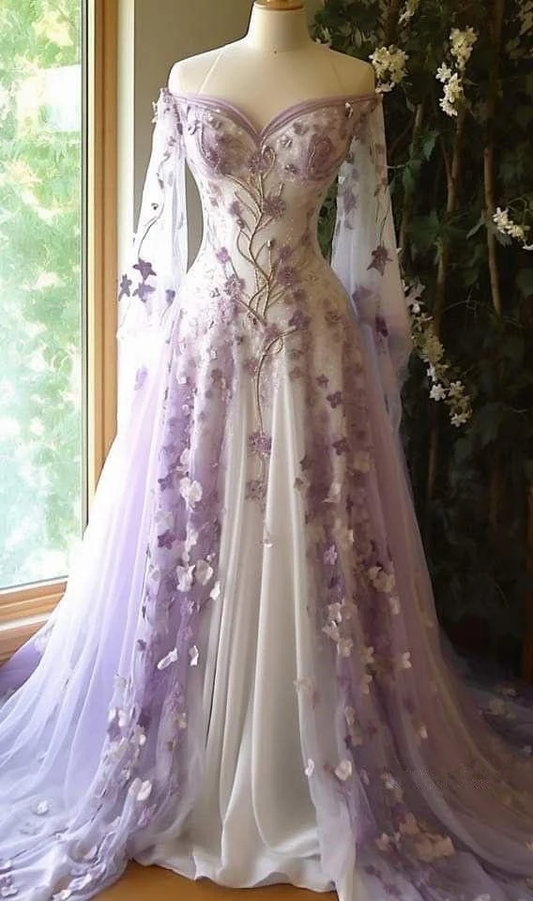 Ball Gown Off The Shoulder Tulle Lilac Party Dresses Long Prom Dress Evening Dresses