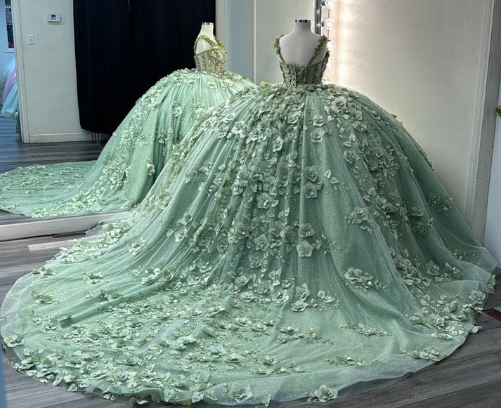 Ball Gown Princess Tulle 3d Flowers Sage Quinceanera Dresses for Sweet 16