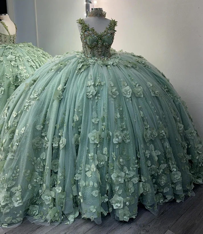 Ball Gown Princess Tulle 3d Flowers Sage Quinceanera Dresses for Sweet 16