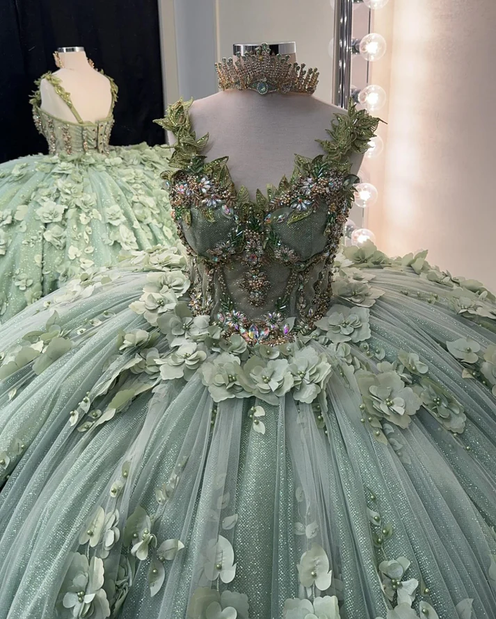 Ball Gown Princess Tulle 3d Flowers Sage Quinceanera Dresses for Sweet 16