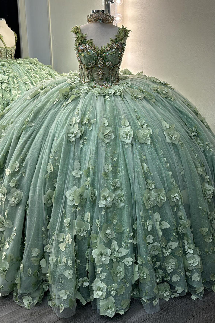 Ball Gown Princess Tulle 3d Flowers Sage Quinceanera Dresses for Sweet 16