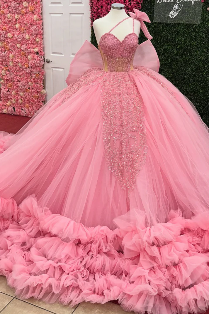 Ball Gown Tulle Ruffles Sweetheart Appliqued Pink Quinceanera Dresses for Sweet 16