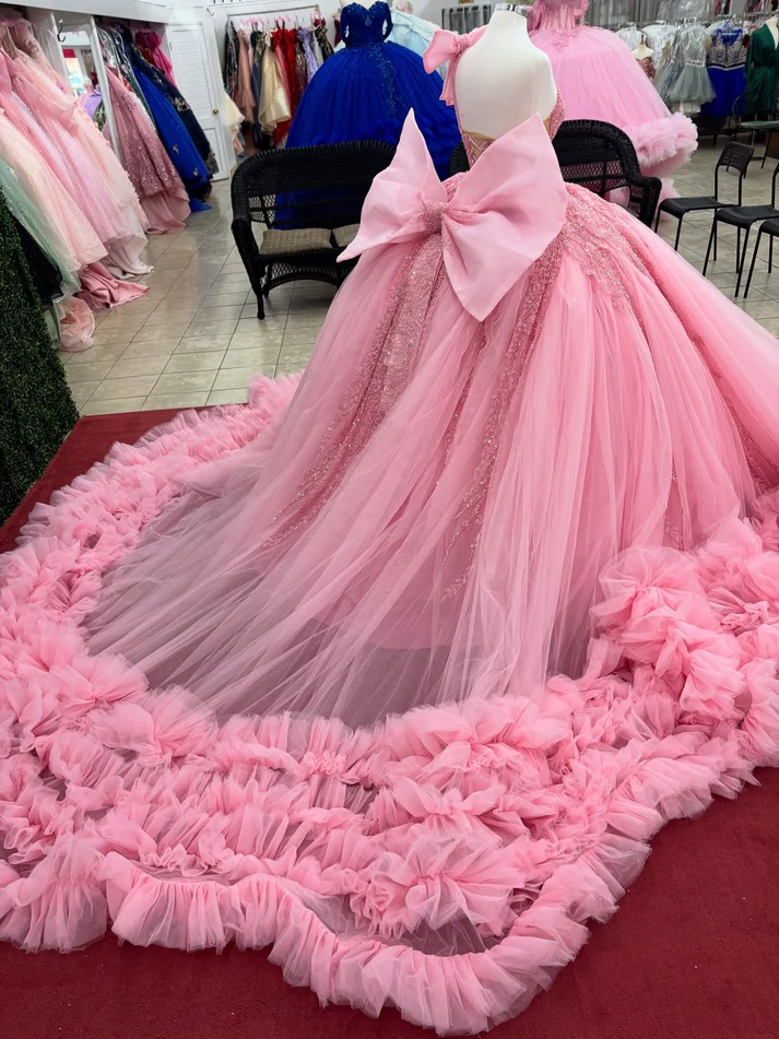 Ball Gown Tulle Ruffles Sweetheart Appliqued Pink Quinceanera Dresses for Sweet 16