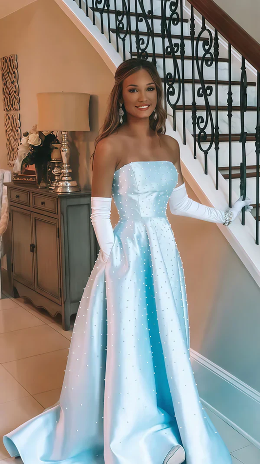 Beautiful Strapless Light Blue Pearl Beaded Birthday Party Dress,Formal Prom Evening Dress