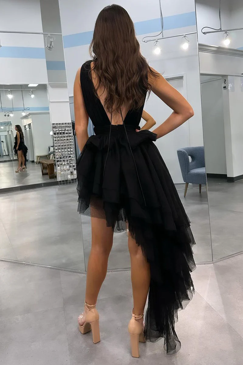 Black V Neck Irregular Hem A-Line Prom Dresses