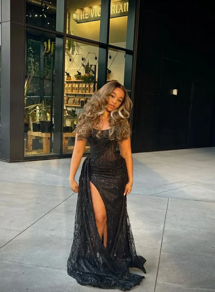 Black Strapless Lace Sequins Black Girl Long Evening Party Dress With