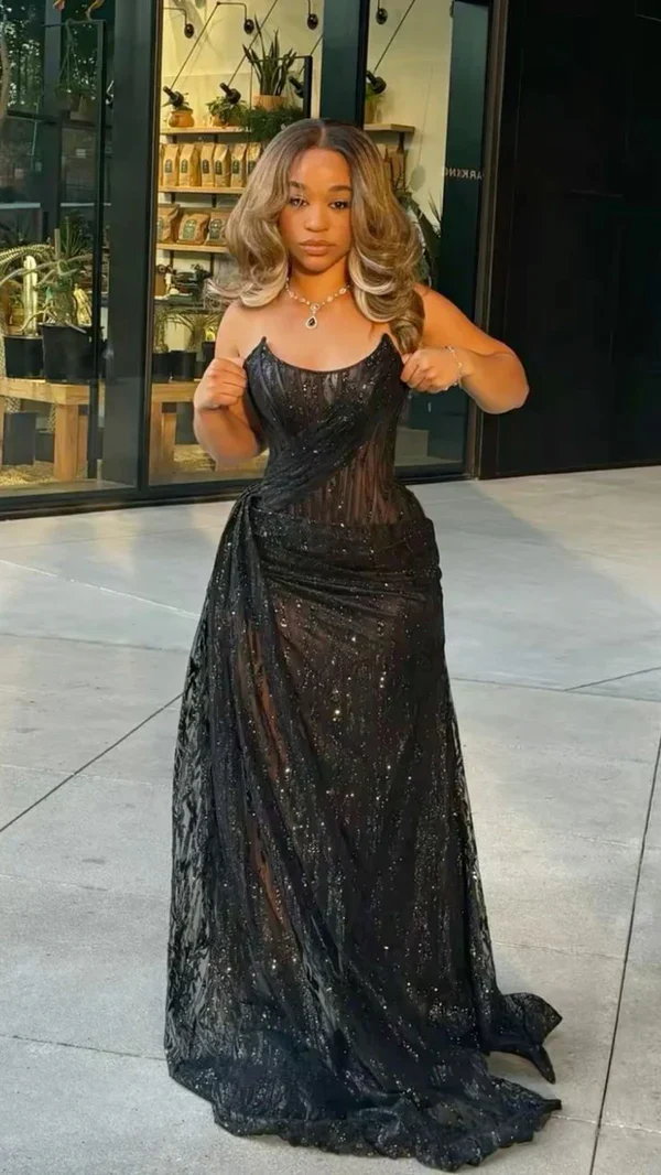 Black Strapless Lace Sequins Black Girl Long Evening Party Dress With Slit Charming Prom Dress