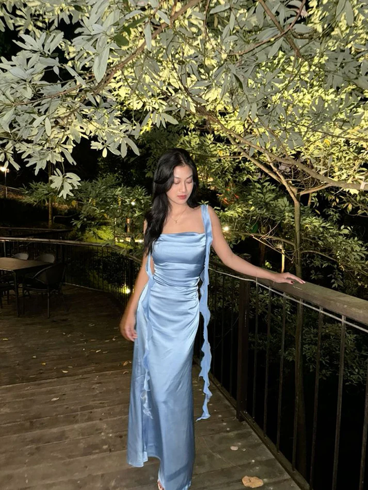 Blue Satin Party Dress Mermaid Square Neck Long Sexy Prom Dresses Evening Dress