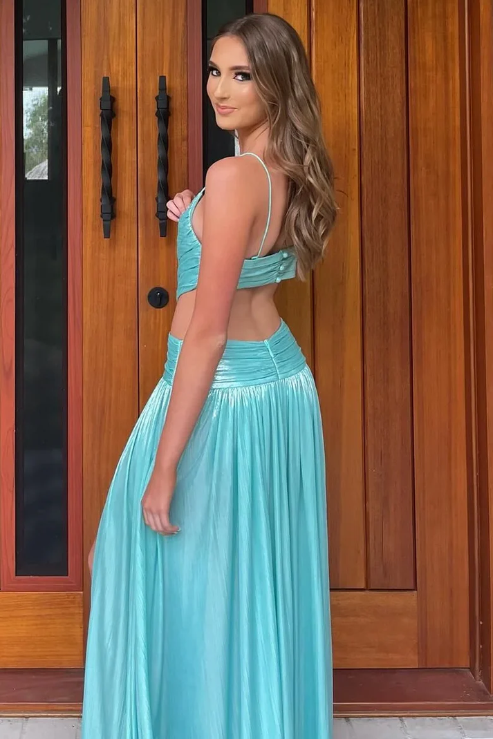 Rhinestone V-neck Spaghetti Straps Sheath Prom Dresses Ink Blue