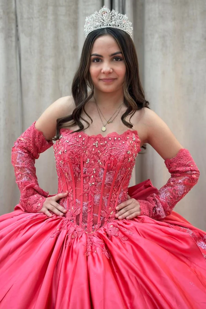 Boat Neck Beaded Lace Appliques Bow Knot Hot Pink Quinceañera Dress