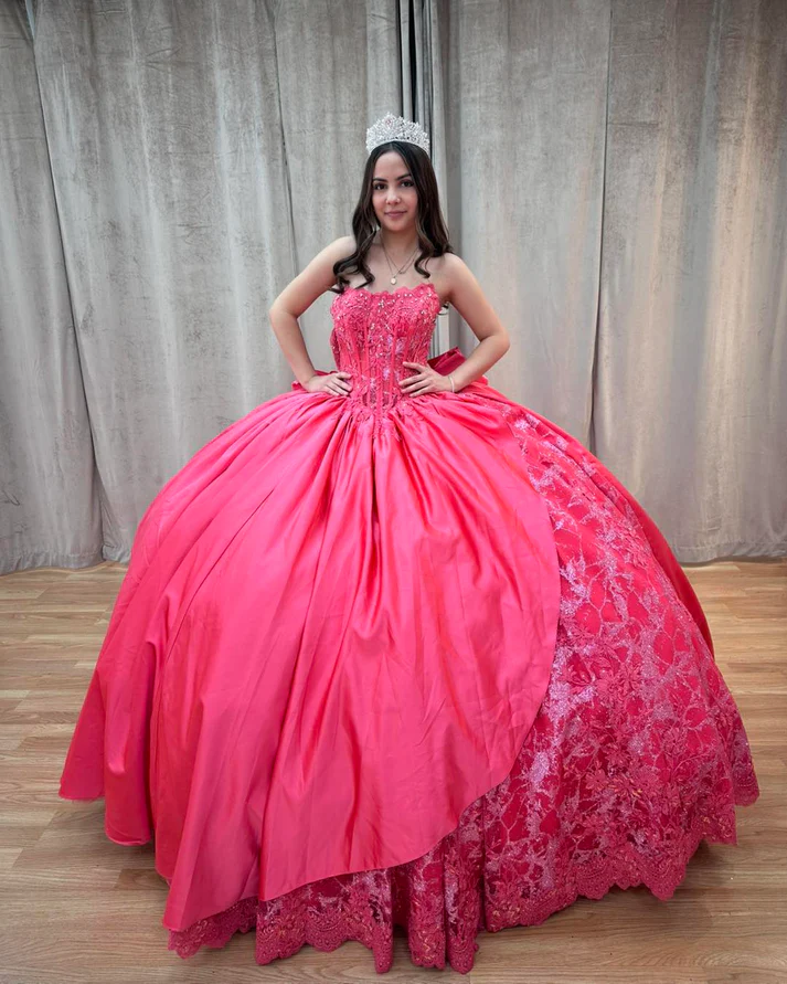 Boat Neck Beaded Lace Appliques Bow Knot Hot Pink Quinceañera Dress