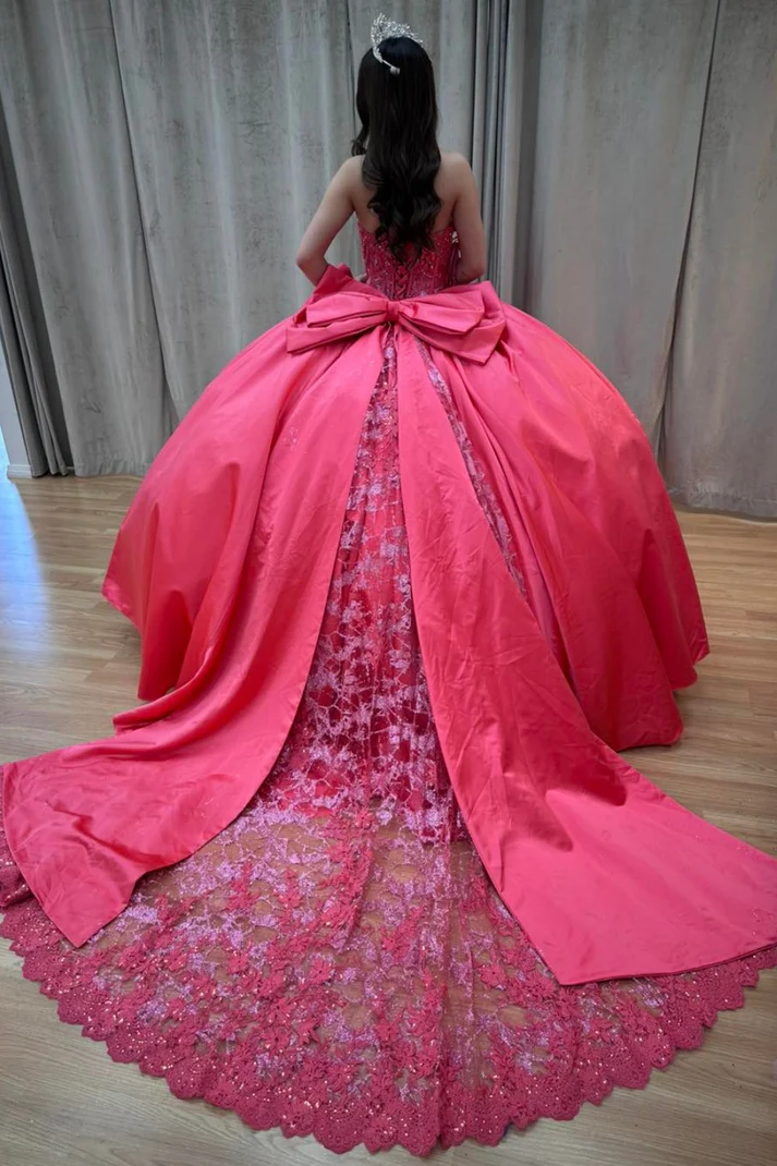 Boat Neck Beaded Lace Appliques Bow Knot Hot Pink Quinceañera Dress