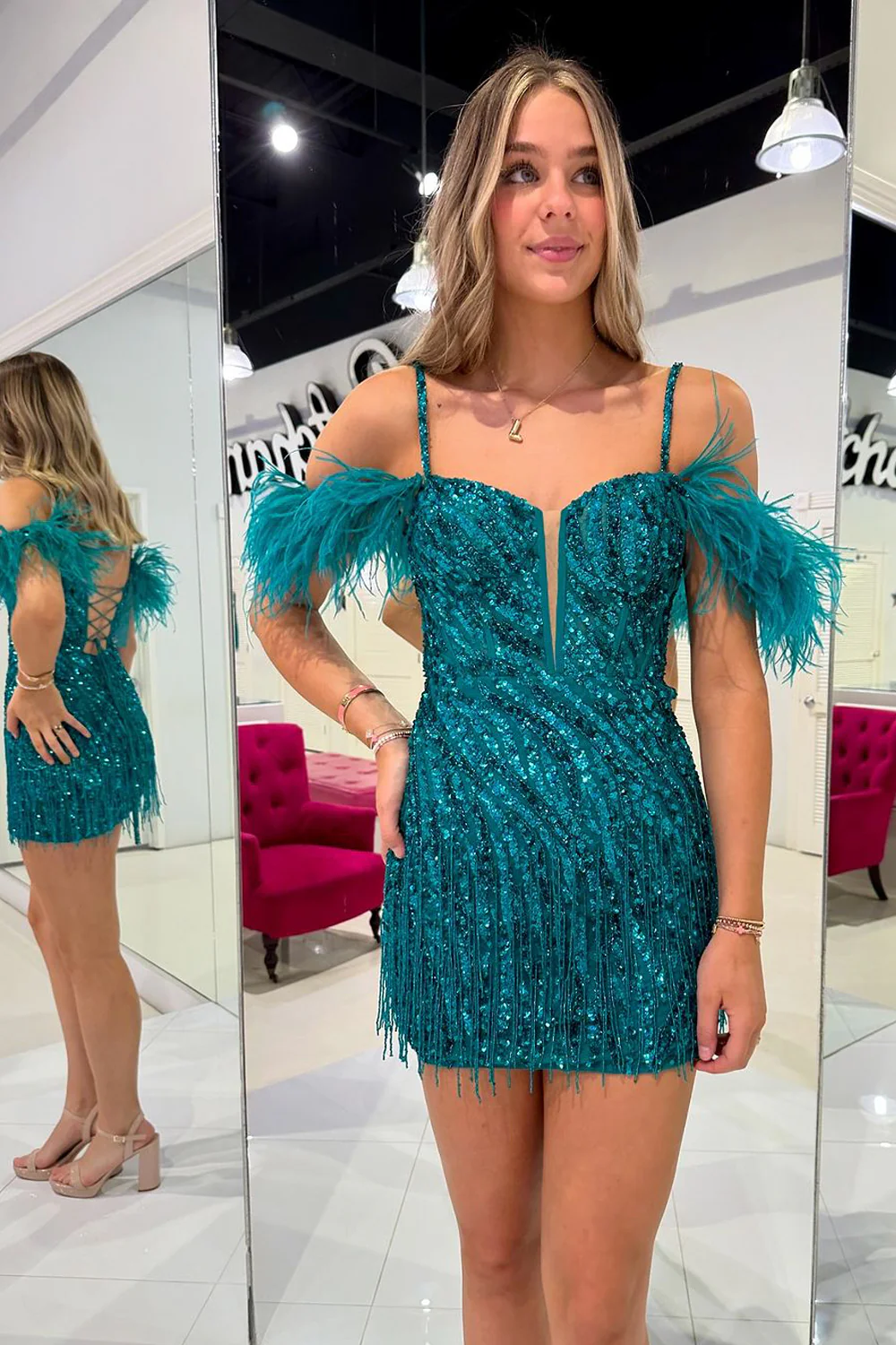 Bodycon Cold Shoulder Peacock Blue Sequins Homecoming Dresses