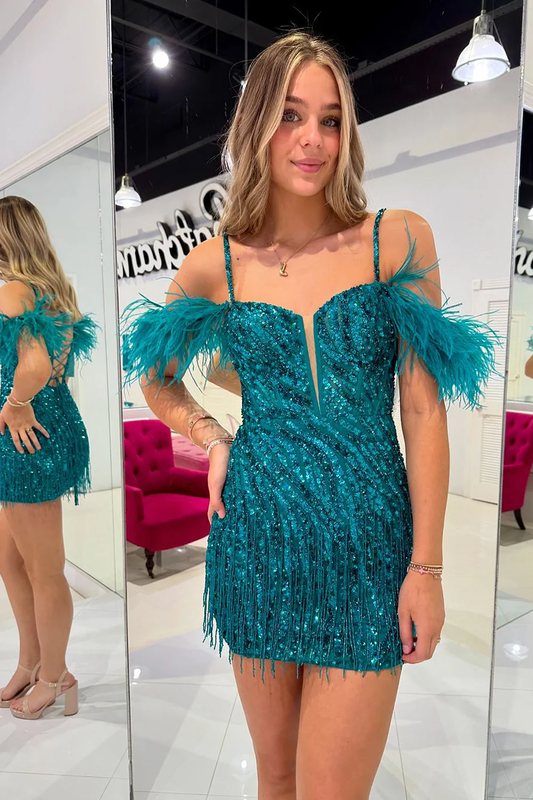 Bodycon Cold Shoulder Peacock Blue Sequins Homecoming Dresses