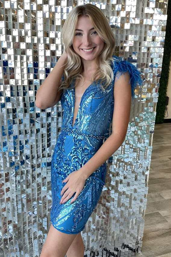 Bodycon Deep V Neck Black Sequins Short Homecoming Dresse