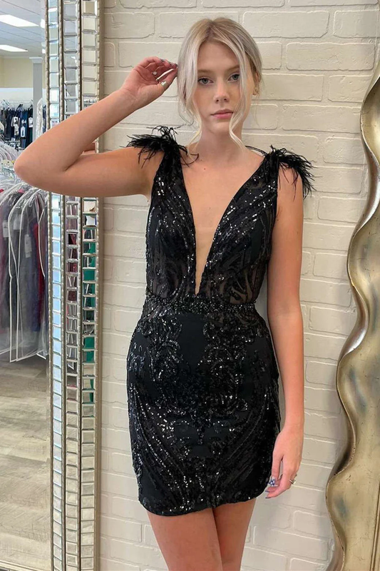 Bodycon Deep V Neck Black Sequins Short Homecoming Dresse