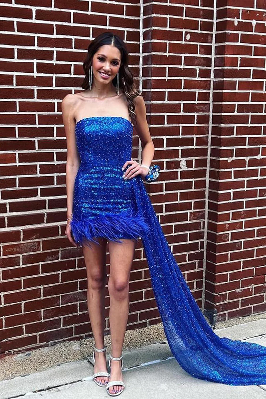 Bodycon Strapless Royal Blue Sequins Short Homecoming Dresses with Feather
