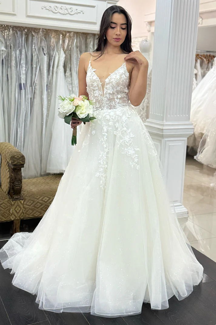 Boho Lace Wedding Dresses for Bride A Line Tulle Appliqued Beach Wedding Gowns