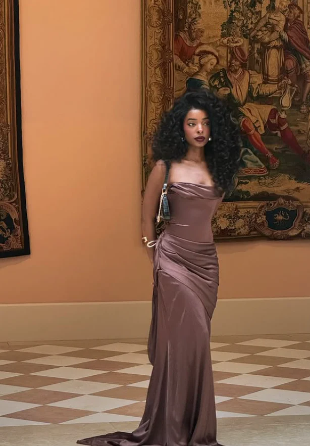 Brown Sheath Strapless Pleated Satin Prom Dress Wedding Guest Dress