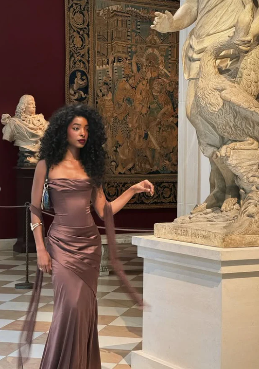 Brown Sheath Strapless Pleated Satin Prom Dress Wedding Guest Dress